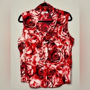 Calvin Klein Rose Pattern Sleeveless Button Down Blouse with Tie Front Detail